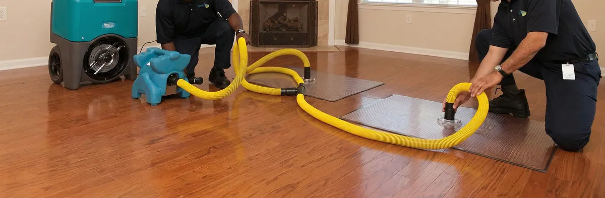 emergency water removal technicians extracting standing water from a home using professional equipment in Pasadena, CA