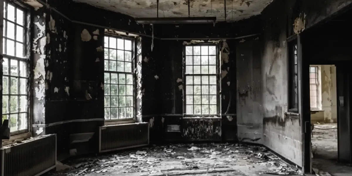 fire damage repair addressing severe interior damage and smoke residue inside a burned home in Pasadena, CA