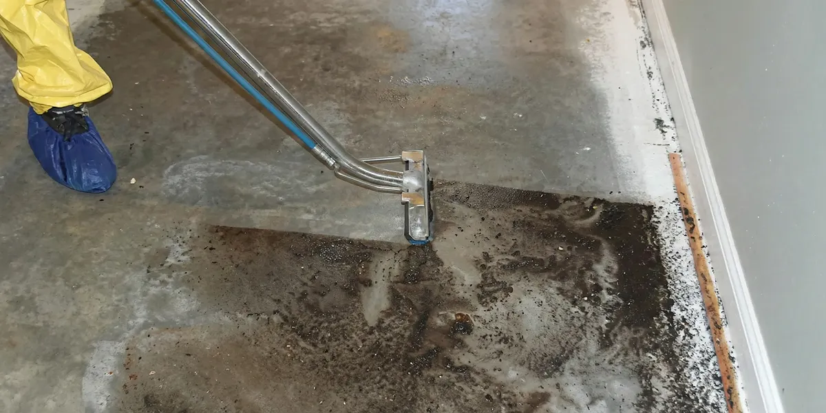 sewage removal technicians extracting contaminated wastewater from a residential floor in Pasadena, CA